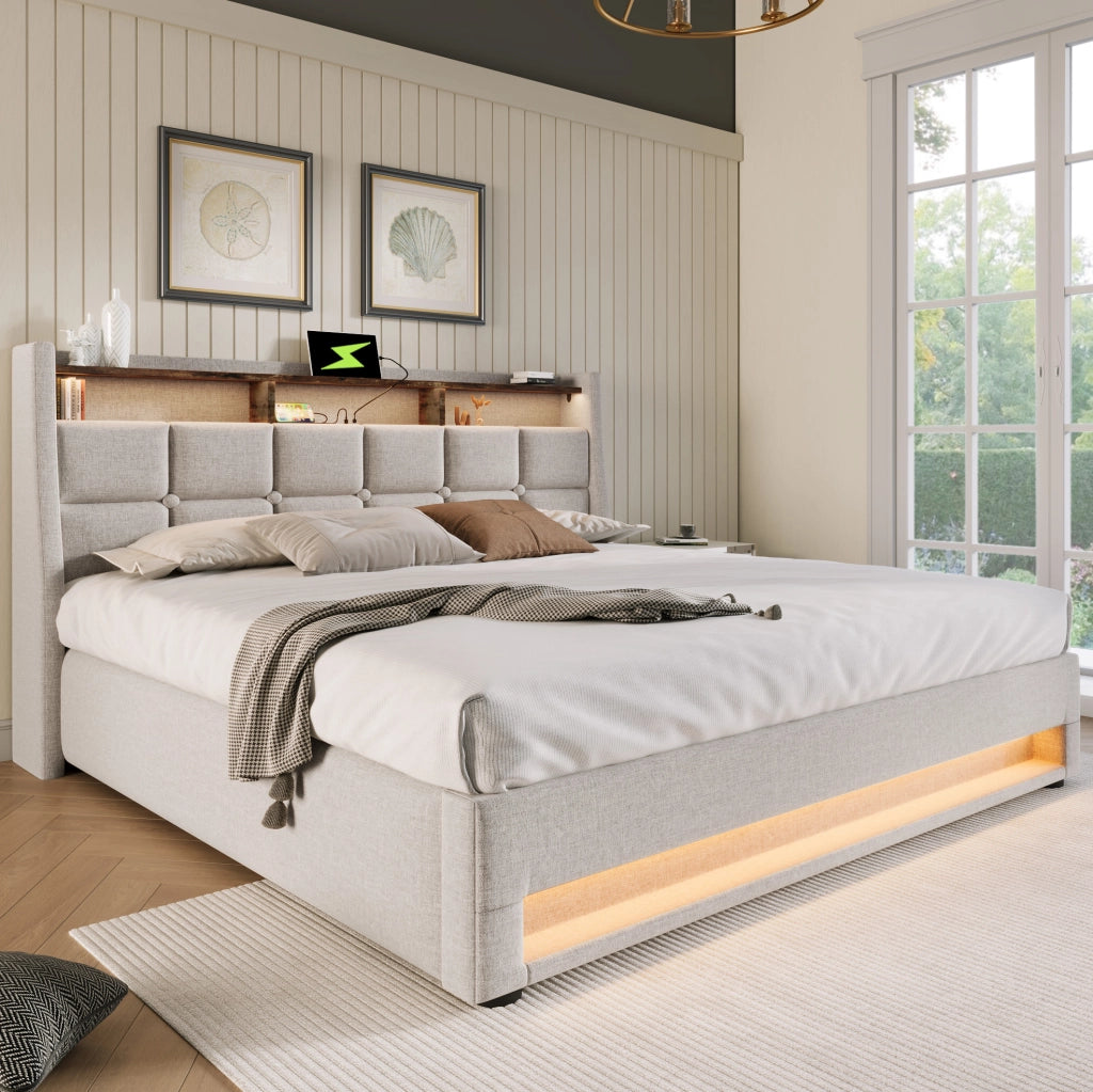 Letto matrimoniale 140x200 cm con contenitore; LED e USB in lino beige chiaro