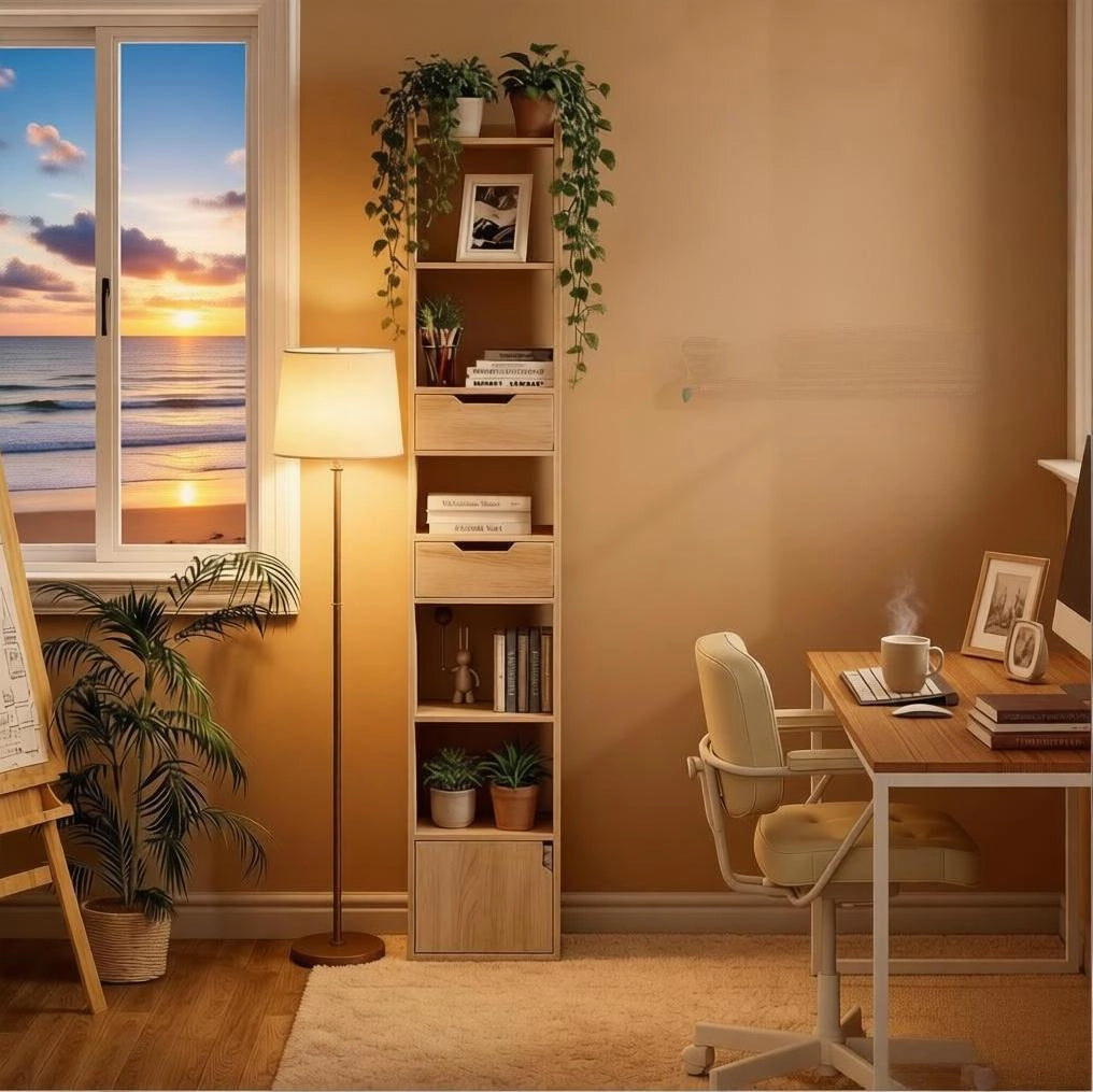 Libreria moderna in legno E1 con 6 ripiani, 2 cassetti e anta, colore rovere chiaro, 33x181x24 cm