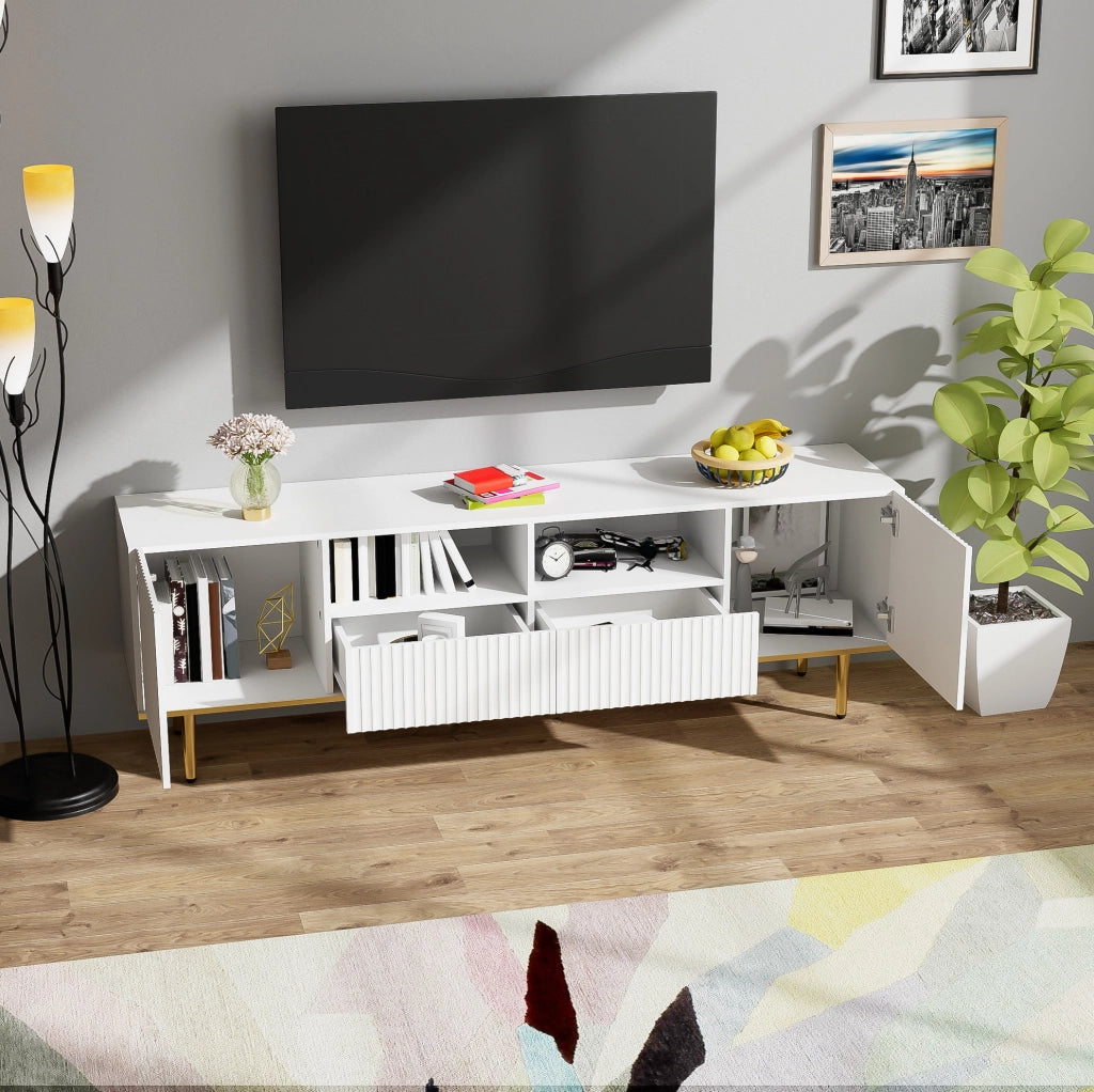 Mobile TV con 2 cassetti e 2 vani; 165 x 36 x 55 cm; pannello truciolare; bianco e oro
