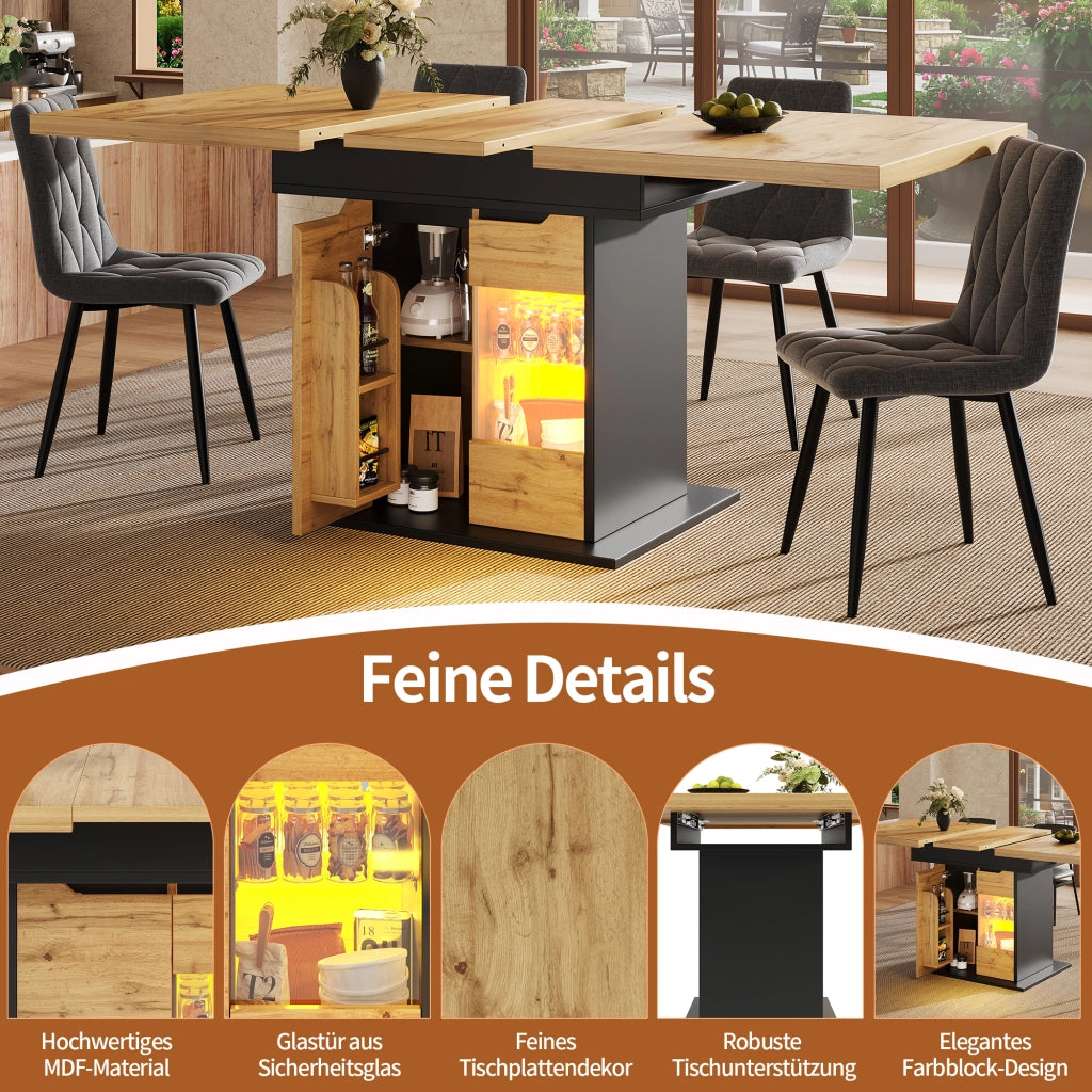 TAVOLO da pranzo allungabile 110-140x80 cm MDF Vetro Nero+Naturale