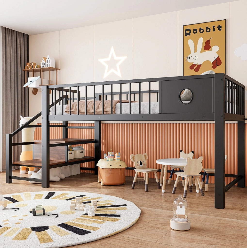 Letto a soppalco basso per bambini 90x200 cm con struttura metallica nera e scala contenitore