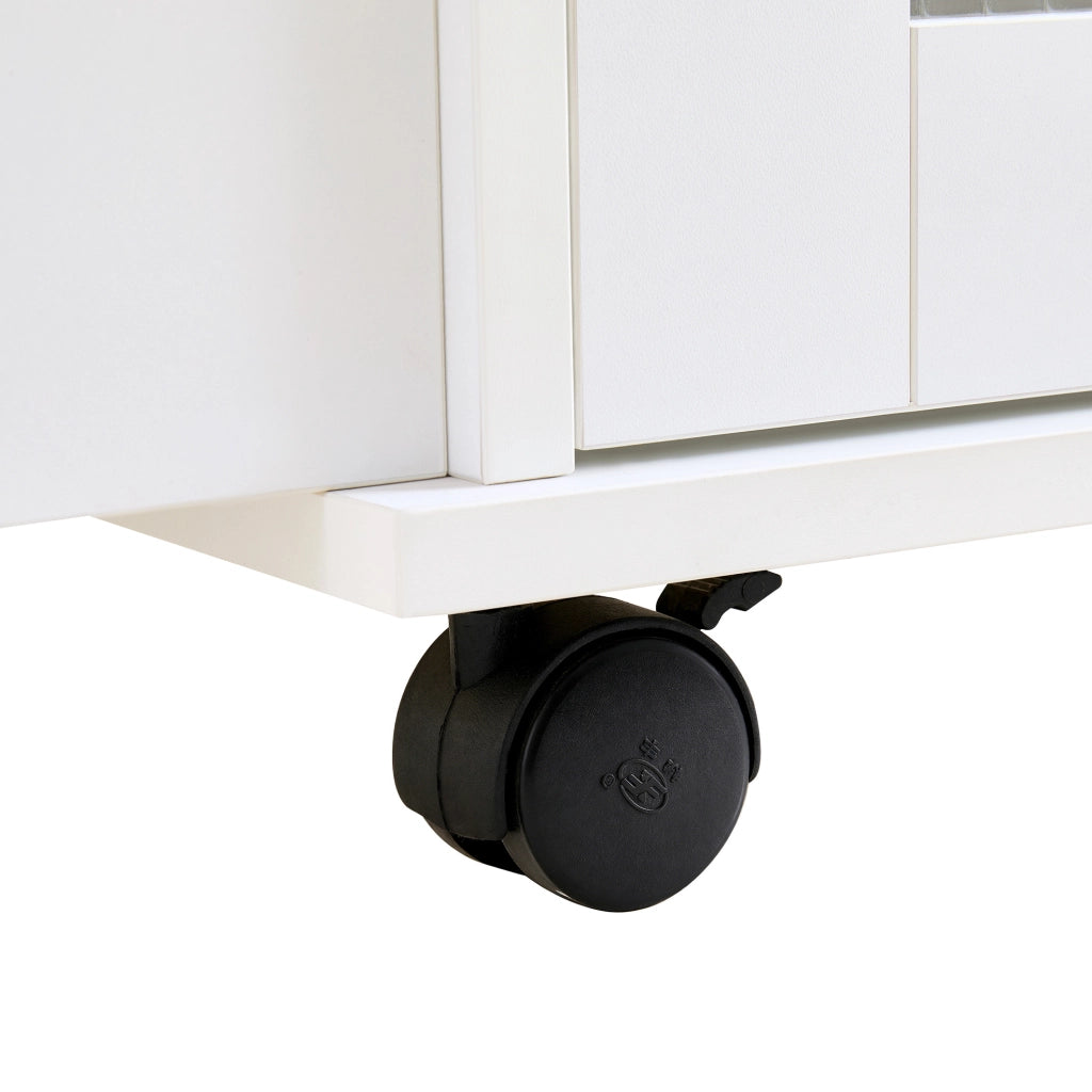 Isola cucina mobile 110 cm con piano di lavoro ribaltabile, carrello su ruote con 2 cassetti, ante in vetro, scaffale laterale e ampio spazio di stivaggio, bianco e naturale