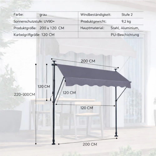 Tenda da sole a bracci 200x150 cm regolabile in alluminio grigio scuro