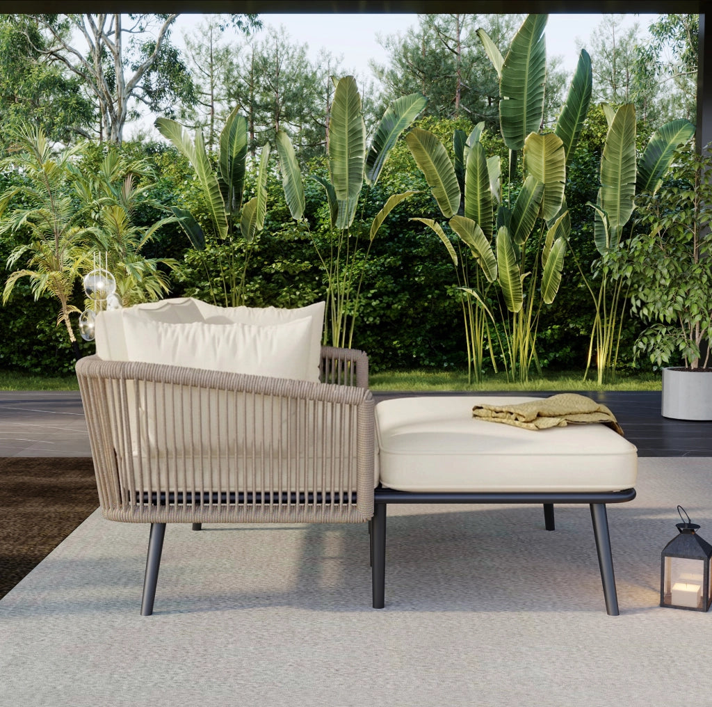 Poltrona da giardino con cuscini sfoderabili e lavabili, struttura in acciaio zincato, tessuto beige e corda kaki per esterno