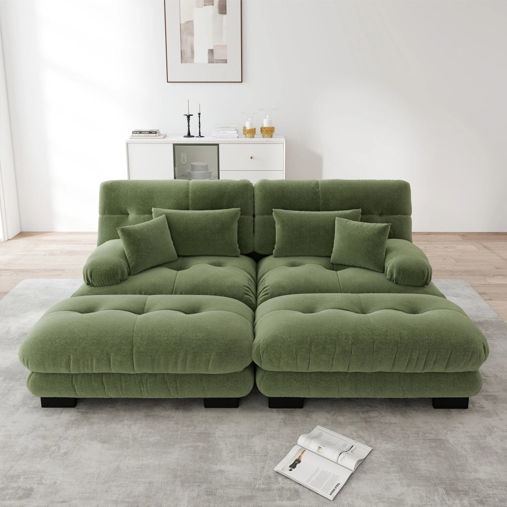 Divano modulare a 2 posti in chenille verde con braccioli arrotondati e pouf mobili