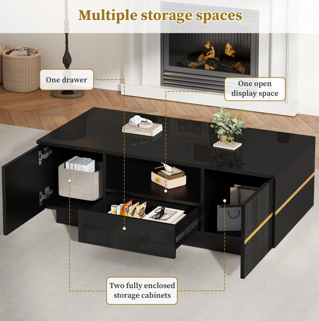 Tavolino da caffè moderno in MDF nero con LED, 100x50x35,5 cm, 2 ante, 1 cassetto, finiture dorate