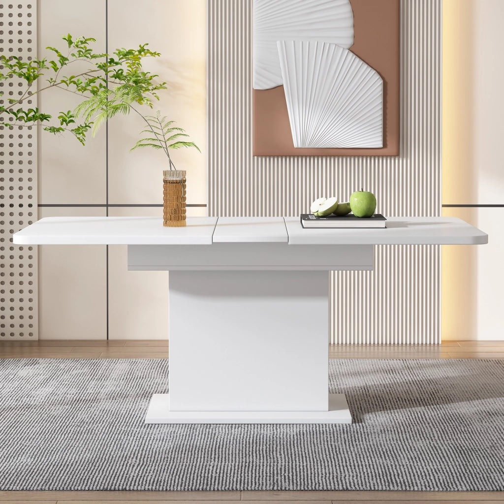 Tavolo da pranzo allungabile con vano contenitore e colonna centrale multifunzione per cucina, bianco, in truciolare