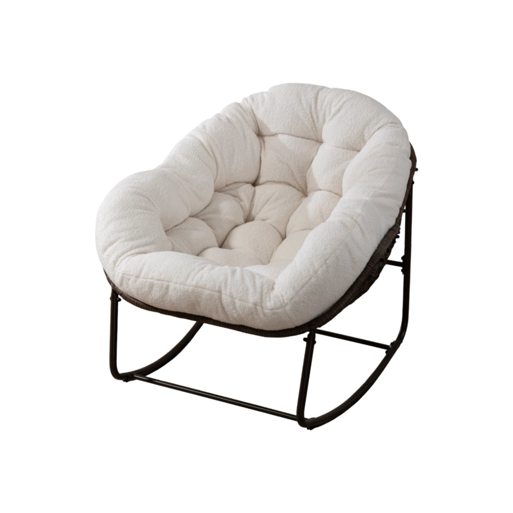 Poltrona a dondolo da esterno in rattan sintetico con cuscino imbottito, dimensioni 78x106x90 cm, colore bianco