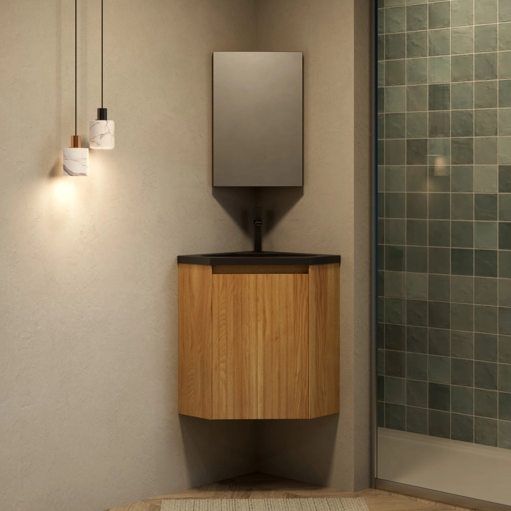 Mobile bagno angolare ULEVR con lavabo triangolare integrato in resina nera opaca e anta effetto rovere