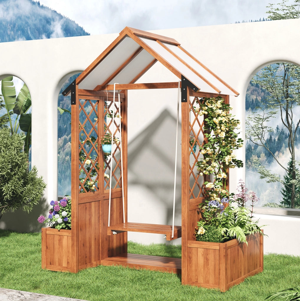 Vaso da giardino in legno massiccio di abete con pergola e tettoia in policarbonato, colore marrone, 163x142x70 cm