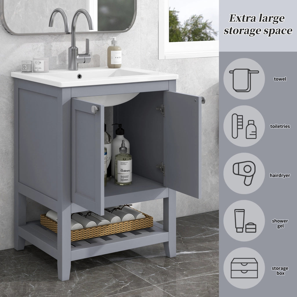 Mobile bagno con lavabo in ceramica, grigio e bianco