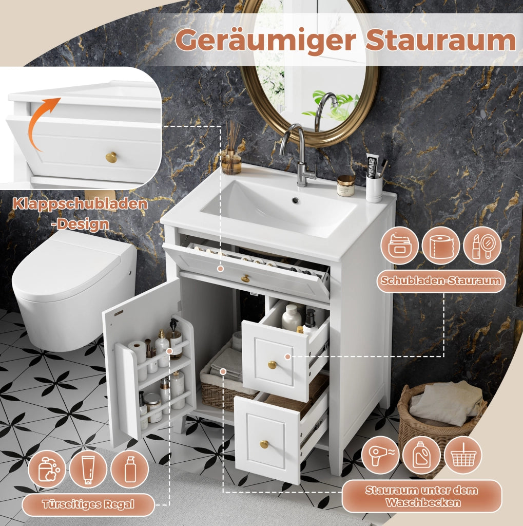Mobile bagno freestanding 61 cm con lavabo in ceramica; cassetti a ribalta; bianco lucido