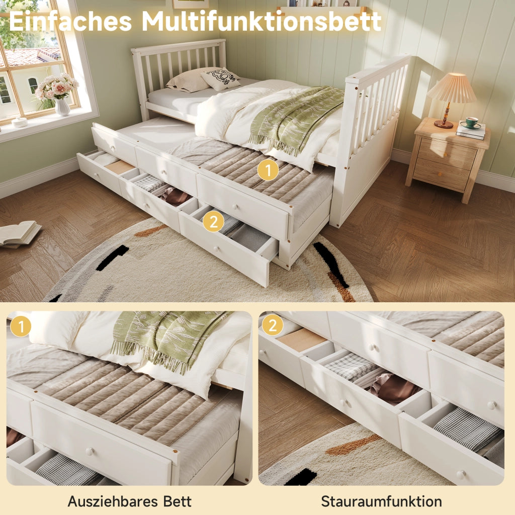 Letto con letto estraibile 90 × 200 cm con tre cassetti in legno e MDF bianco; letto estraibile 90 × 190 cm
