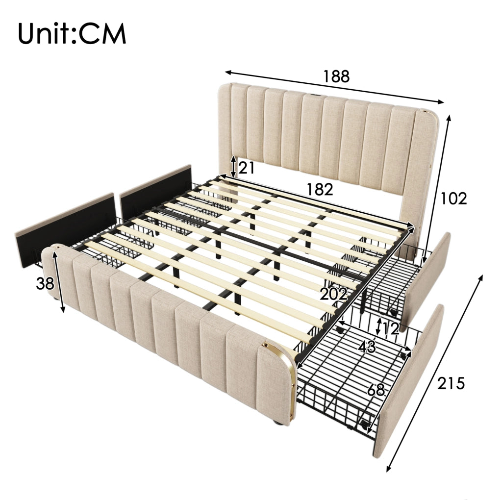 Letto matrimoniale imbottito con testiera USB e 4 cassetti, beige