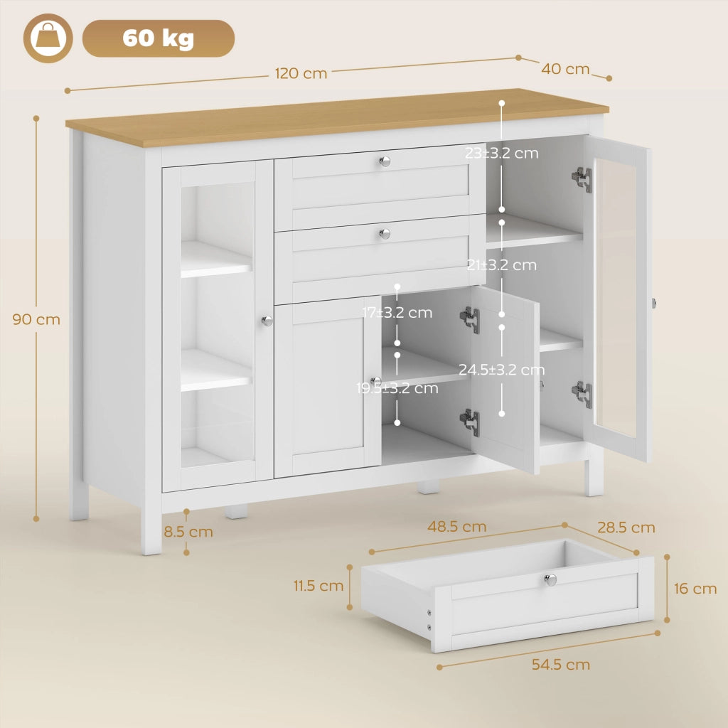 Mobile Cucina con 2 Cassetti e 3 Armadietti, Ante in Vetro e Ripiani Regolabili, 120x40x90 cm, Bianco e Rovere