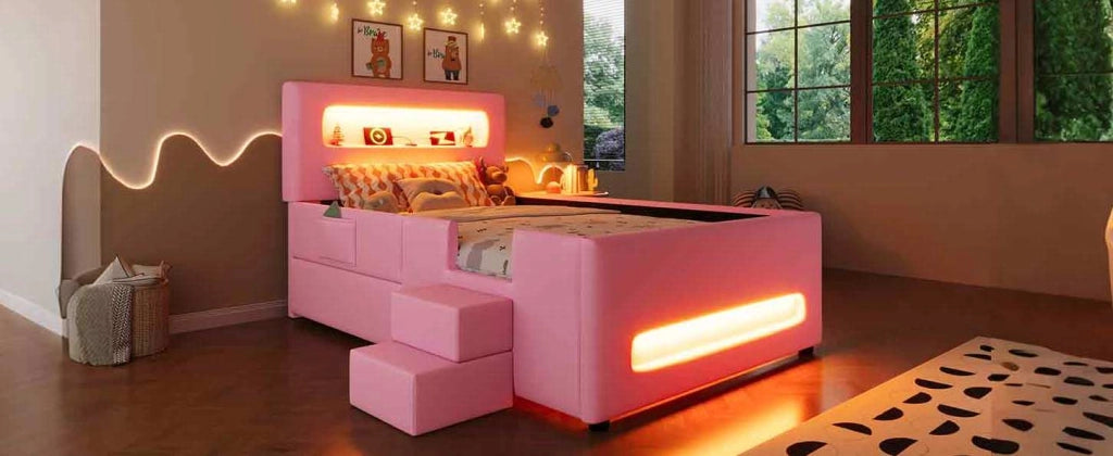Letto piattaforma imbottito rosa 90x200 cm con scale, cassetti, luci LED e tasche portaoggetti