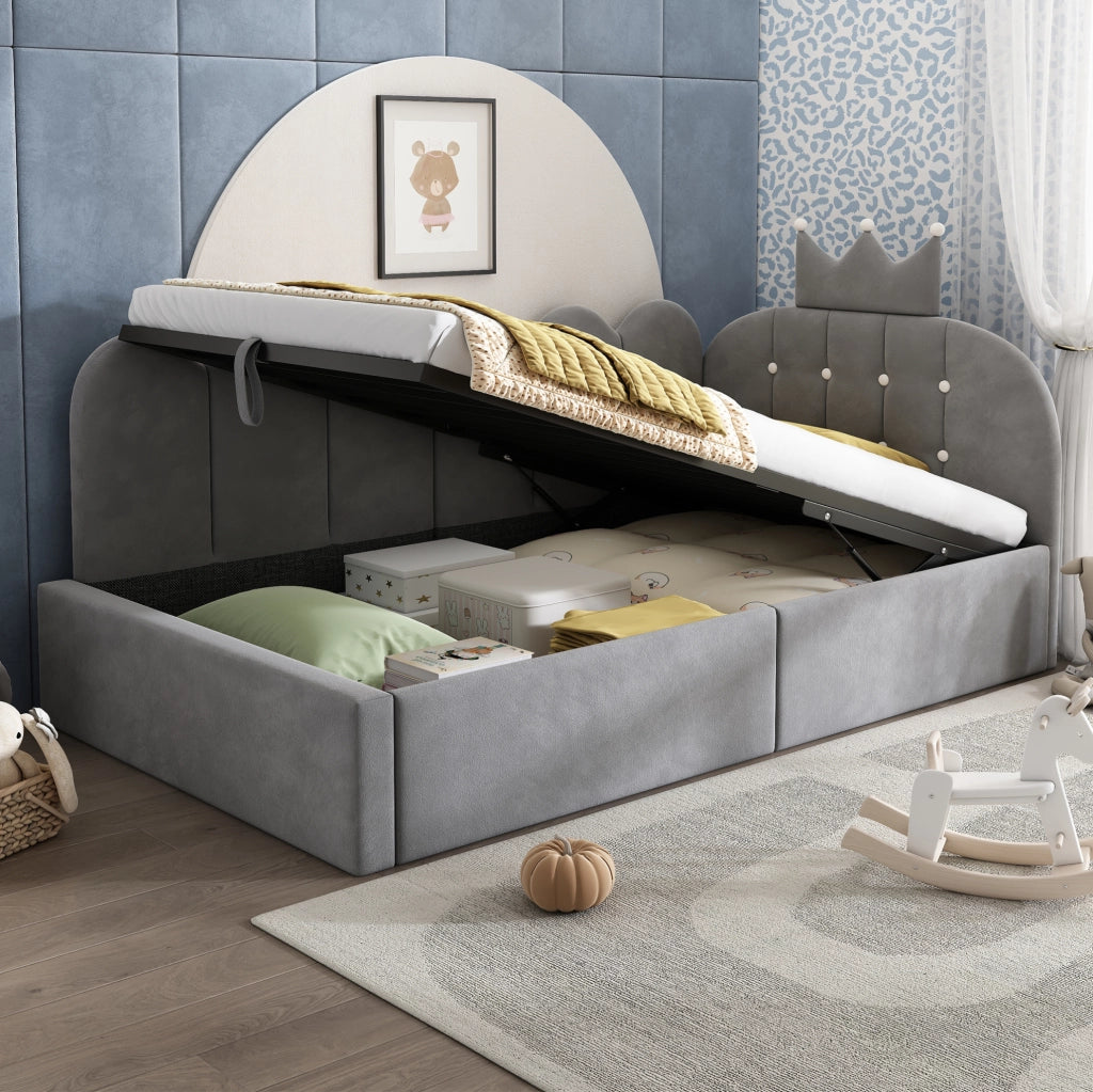 Letto da giorno 90x200 grigio in velluto con contenitore idraulico