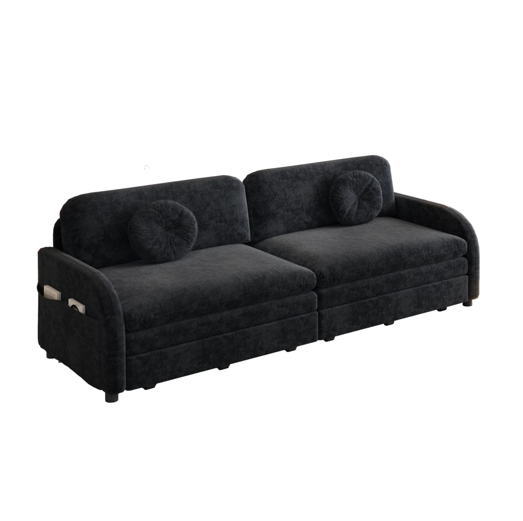 Divano Letto Estraibile King-Size 206 cm 3 Posti in Chenille Nero con Cuscini e Scomparti Laterali
