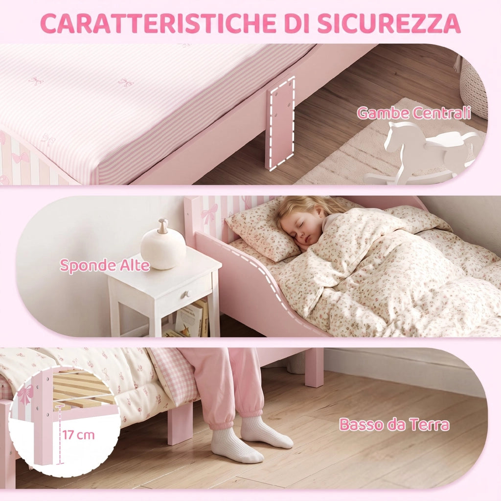 Letto Singolo per Bambini 146x76,5 cm con Sponde a Forma di Fiocco Rosa