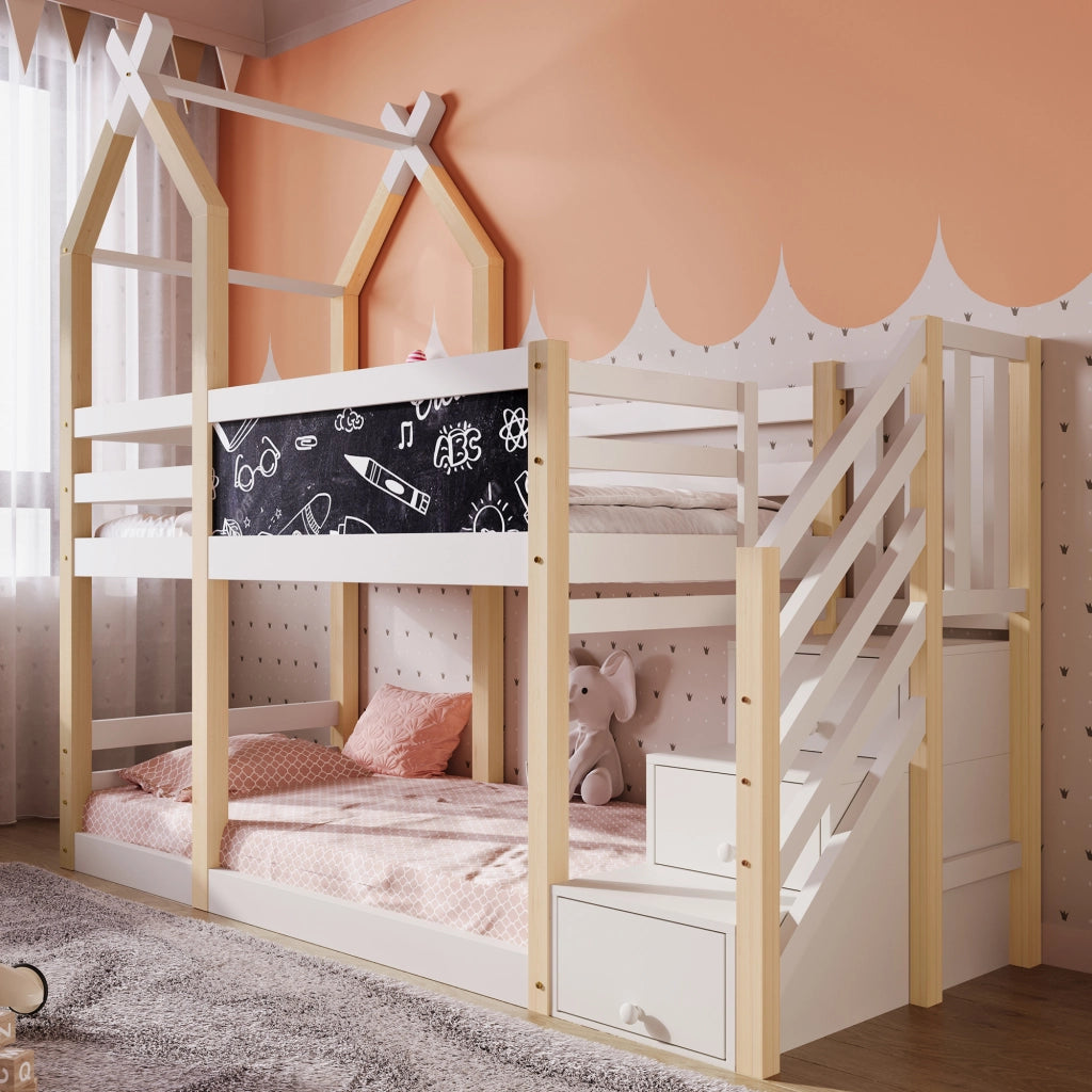Letto a soppalco per bambini 90x200 con scala contenitore e lavagna