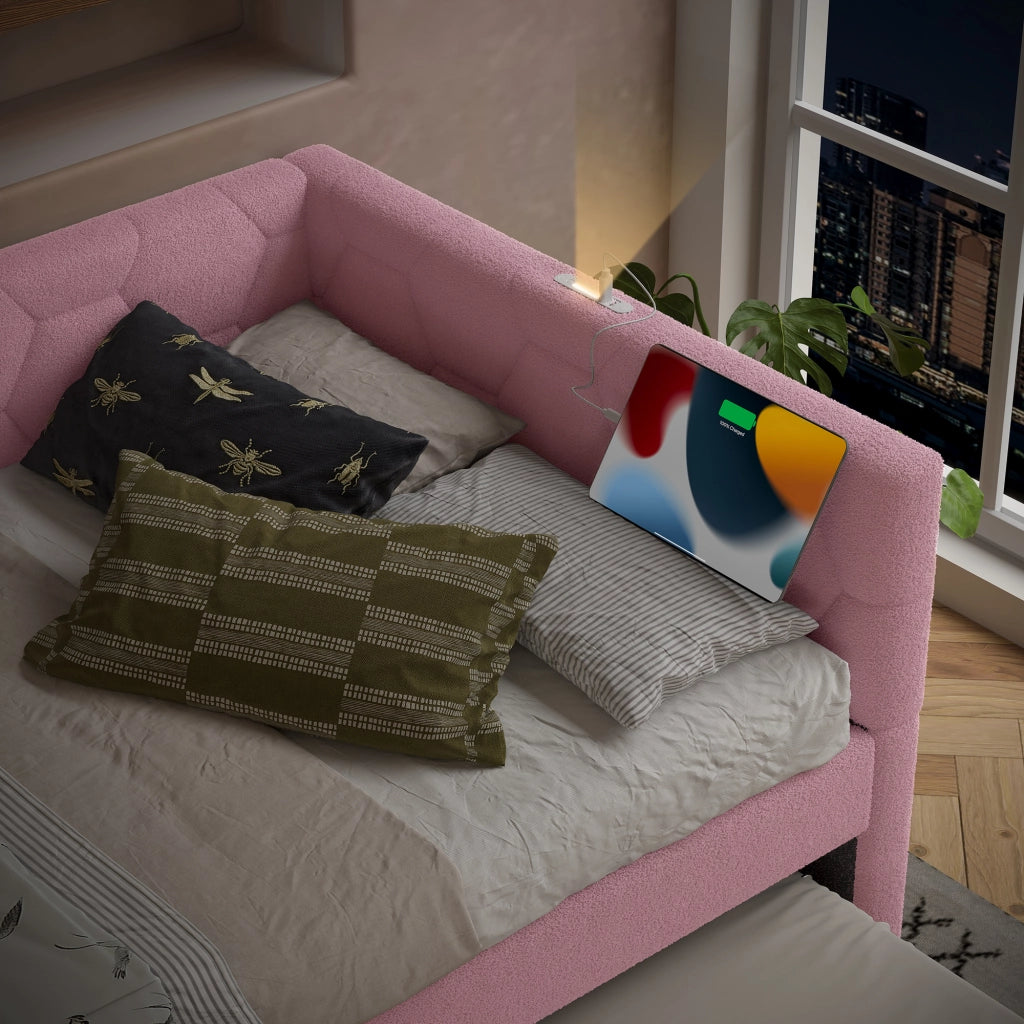 Letto da giorno 90x200 cm con letto estraibile, USB e Type-C in boucl¨¦ rosa