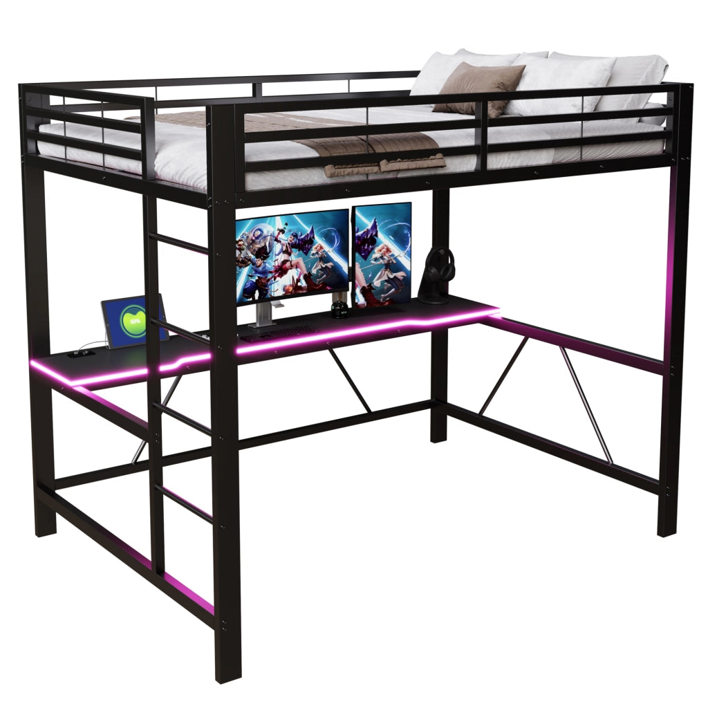 Letto a soppalco in metallo nero 140x200 con scrivania, illuminazione LED e stazione di ricarica USB