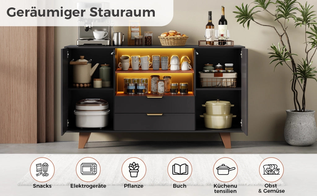 Sideboard in MDF con illuminazione LED RGB, 150x40x90 cm, con ripiani regolabili e cassetti, per soggiorno e sala da pranzo