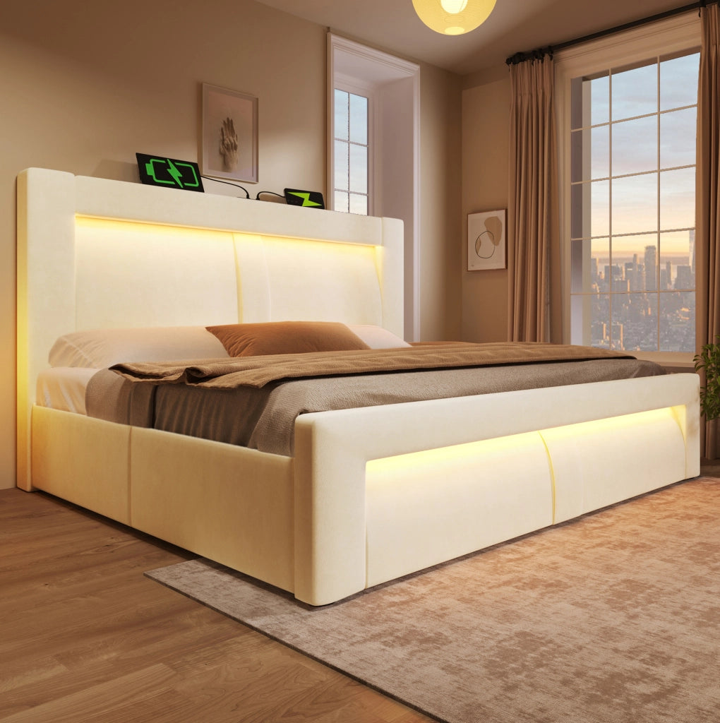 Letto matrimoniale 160x200 cm con contenitore, LED e porte USB