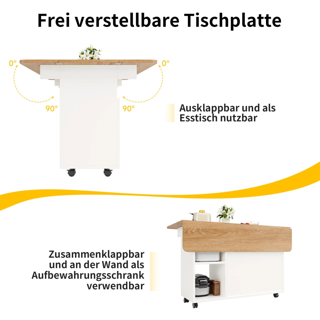 Isola cucina pieghevole con ruote e ripiani 120x30/70x79;5 cm in MDF bianco