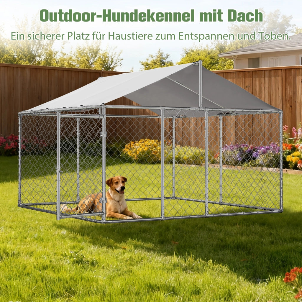 Recinto per cani con tetto in acciaio zincato argento porta con chiusura per giardino 230 × 230 × 117 cm