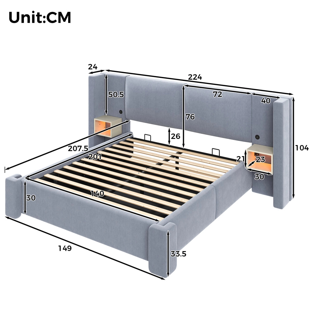 Letto matrimoniale 140x200 cm imbottito in lino grigio con contenitore idraulico e LED HOMVRA