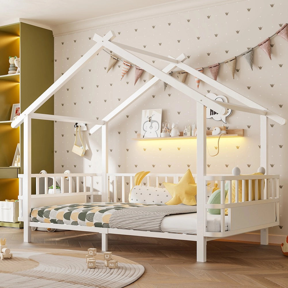 Letto per bambini a forma di casa ¨C Minimal ¨C metallo bianco 90x200cm con griglia di sicurezza