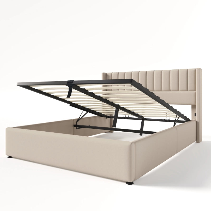Letto Contenitore Matrimoniale 160x200 cm; Letto Imbottito in Lino Beige con Testiera; Rete a Doghe e Sollevamento Idraulico; Struttura Letto