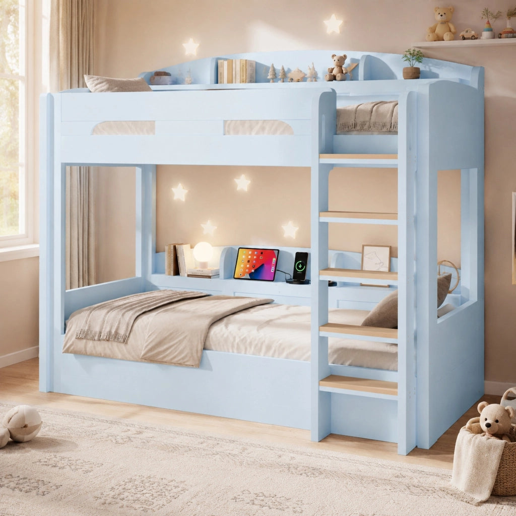 Letto a castello 90x200 cm con presa USB e ripiani azzurro HOMVRA