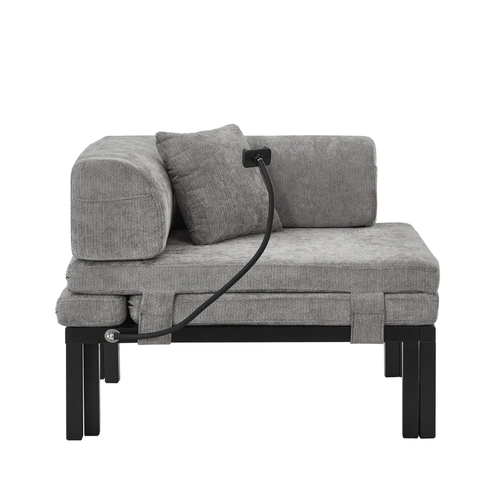 Divano letto estraibile singolo pieghevole con struttura in legno rivestito in velluto grigio chiaro