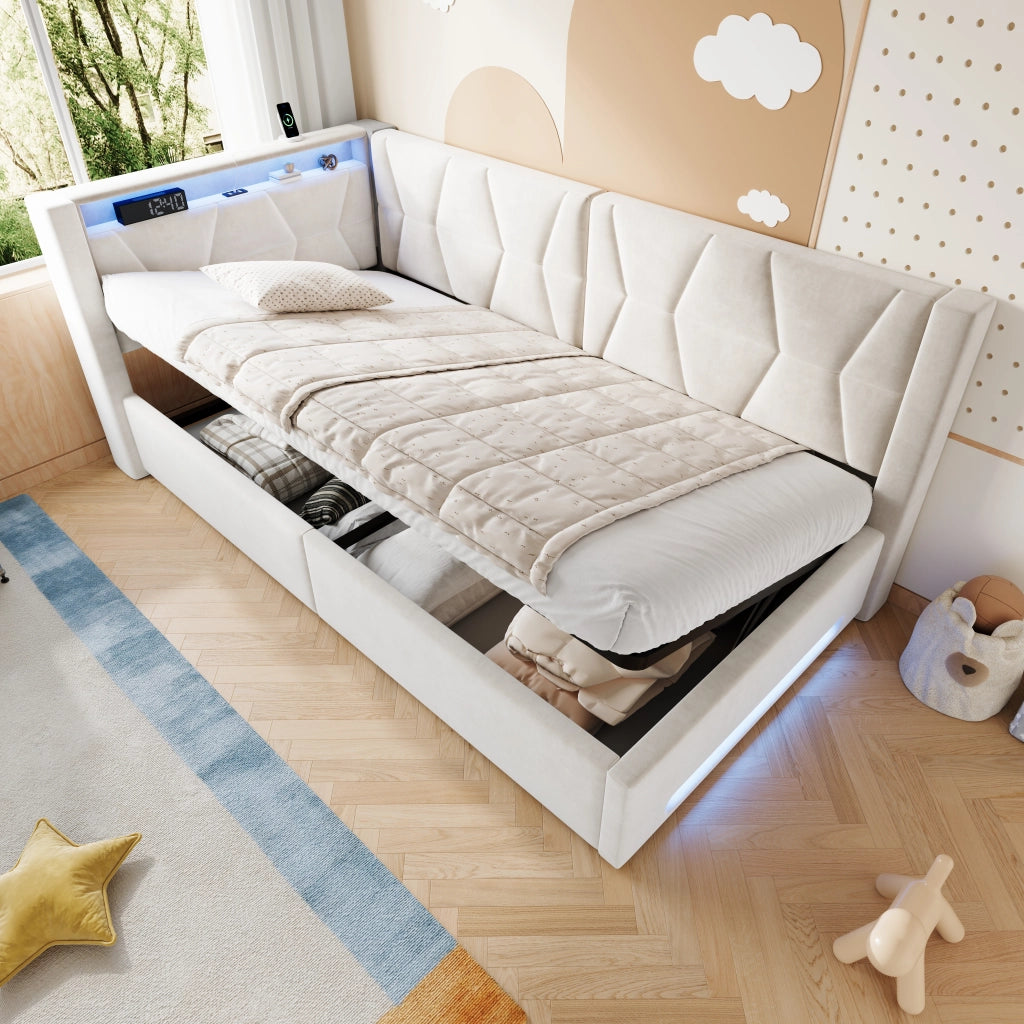 Letto singolo imbottito 90x200 cm con contenitore; LED; USB e Type-C beige