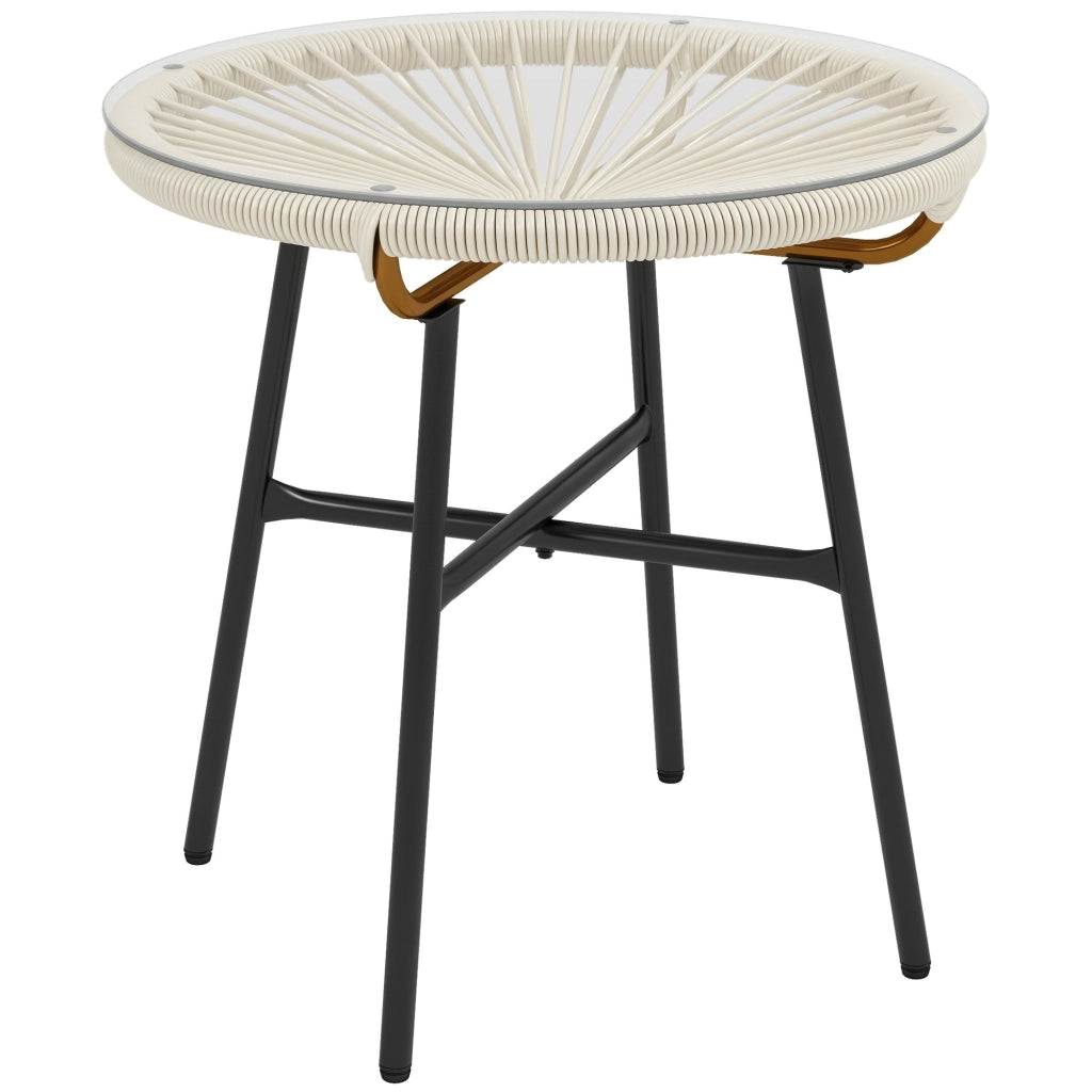 Tavolino da giardino rotondo ¨C zephmum ¨C resina effetto rattan, metallo, piano in vetro temperato, crema, ? 50 x 50 cm