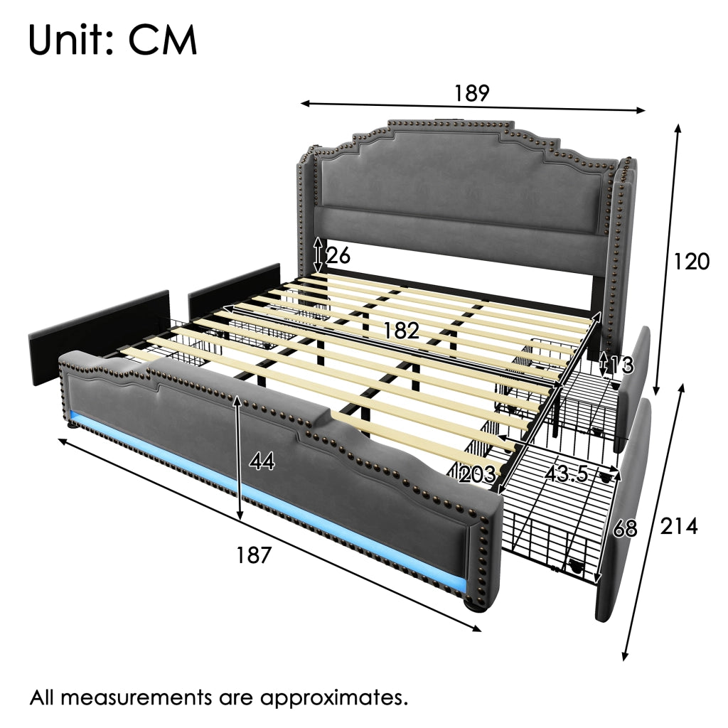Letto contenitore matrimoniale 180 × 200 cm con 4 cassetti, LED, USB e USB-C, senza materasso, velluto grigio