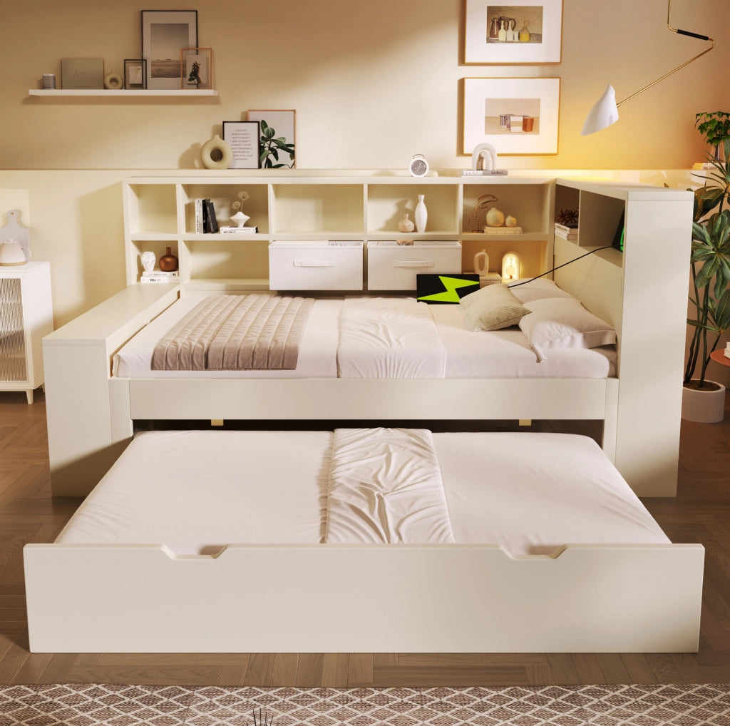 Letto singolo 90x190 cm bianco in legno con letto estraibile; ripiani su tre lati e porte USB/Type-C