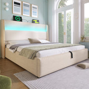 Letto matrimoniale 160x200 cm in lino beige con LED, contenitore e materasso
