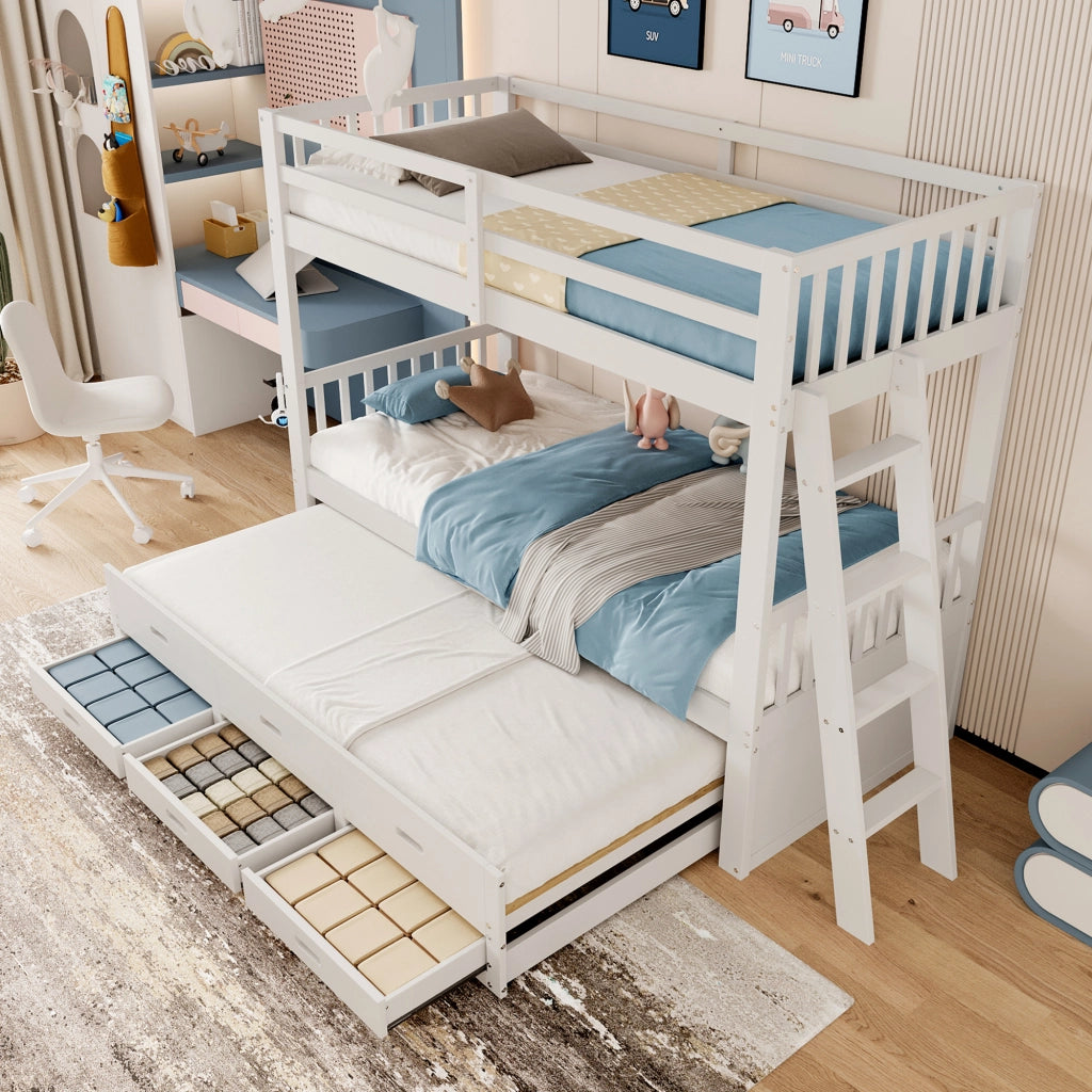 Letto a castello 90 × 200 cm con letto estraibile e 3 cassetti in legno bianco con scala antiscivolo