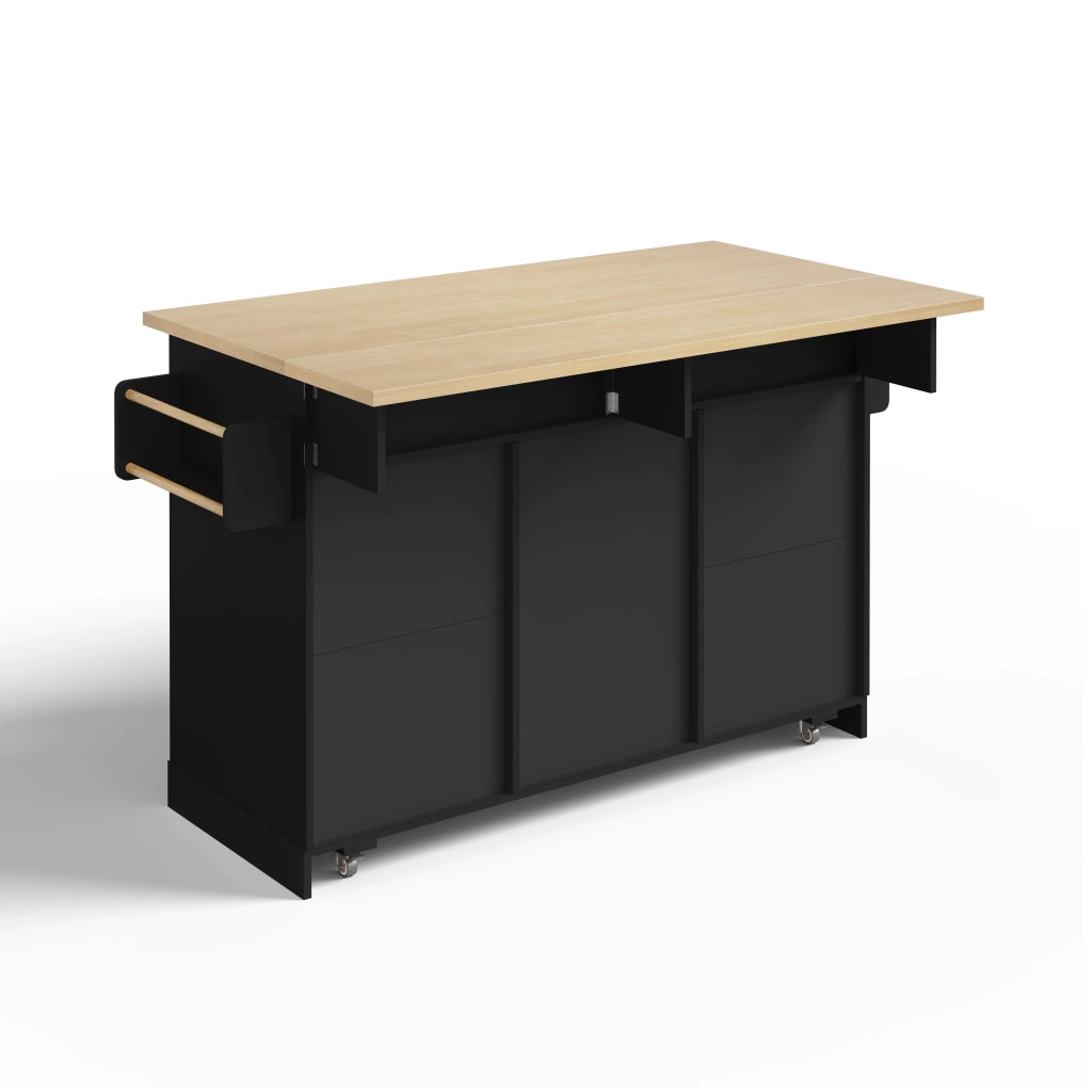Isola da cucina, piano ribaltabile, con armadietti, rotelle, 2 cassetti, finitura effetto legno, nero