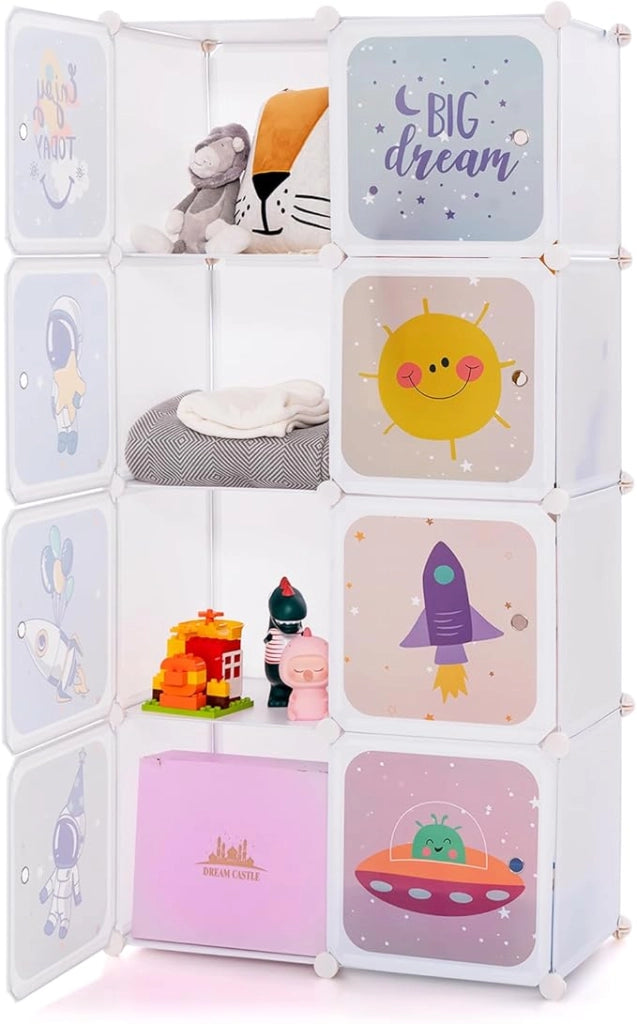 Armadio Portatile per Bambini, Organizzatore Modulari per Bambini a 8 cubi con Ante e Sezione Appendiabiti, Guardaroba Portatile per Sala Giochi Camera da Letto Asilo, 71x35,5x142 cm (Bianco)