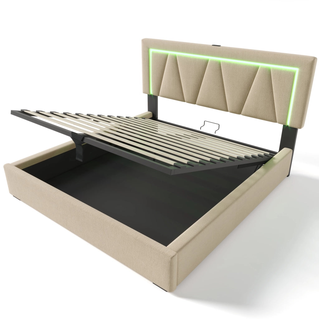 Letto Contenitore Matrimoniale 140 x 200 cm; USB e Tipo C; LED; Testiera Regolabile in Lino Beige