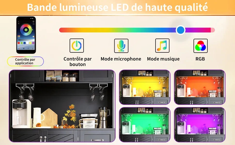 Mobile contenitore 120x40x188 cm, 4 ante e 2 grandi cassetti, con illuminazione LED, ripiano snack e portabottiglie, verde/nero/bianco