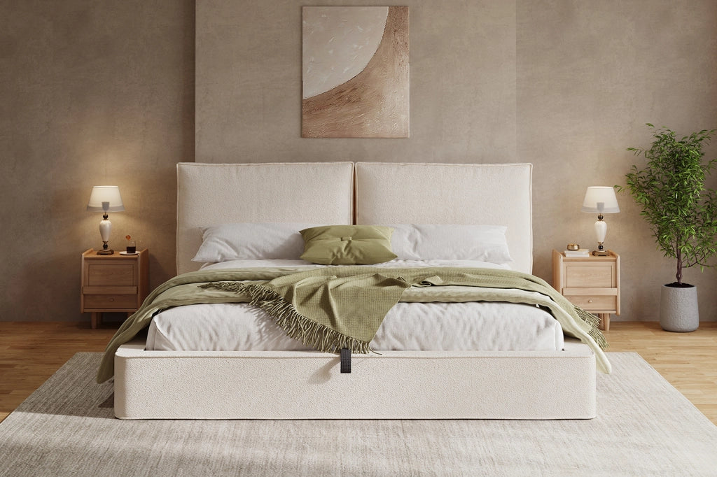 Letto matrimoniale imbottito YEAVIO 180x200 cm con contenitore idraulico e rete a doghe, beige bouclé