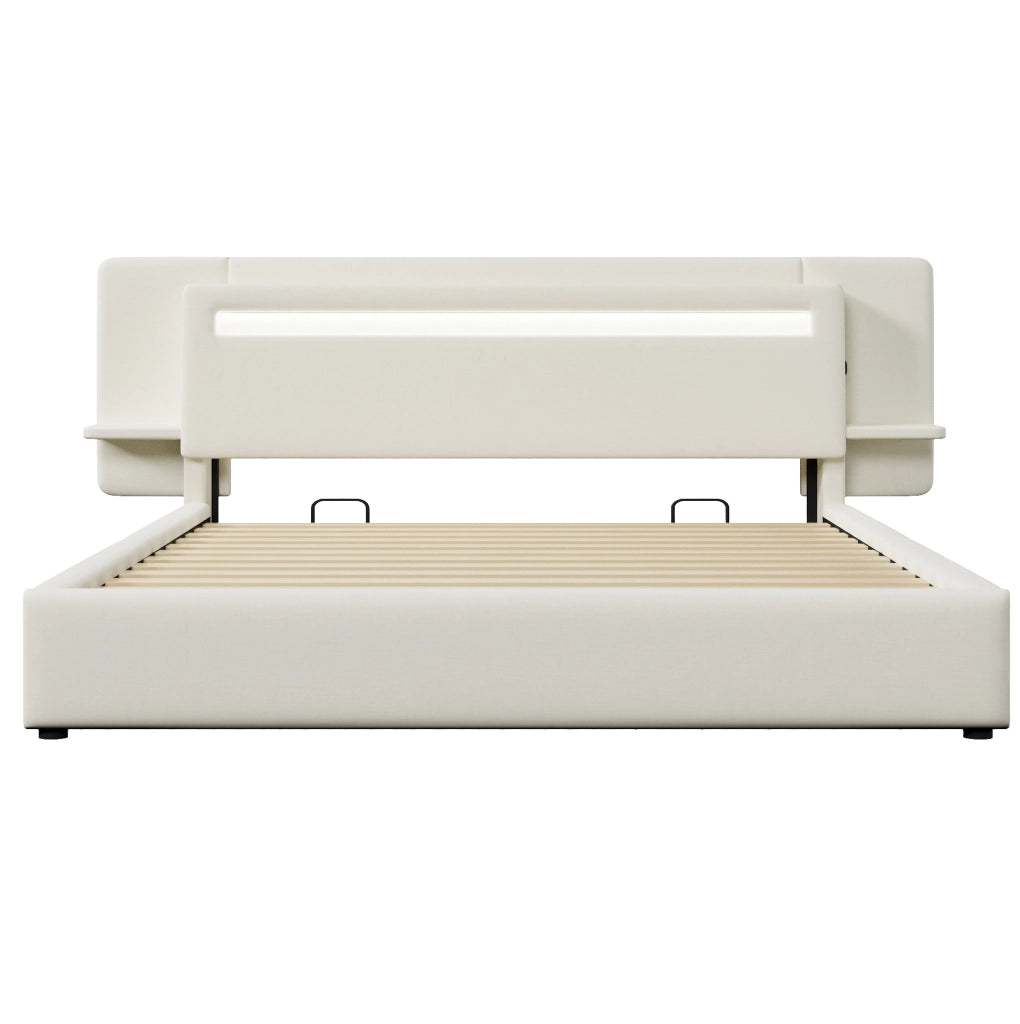 Letto Matrimoniale Imbottito con Contenitore Idraulico Comodino LED e USB 180 x 200 cm Beige - senza Materasso