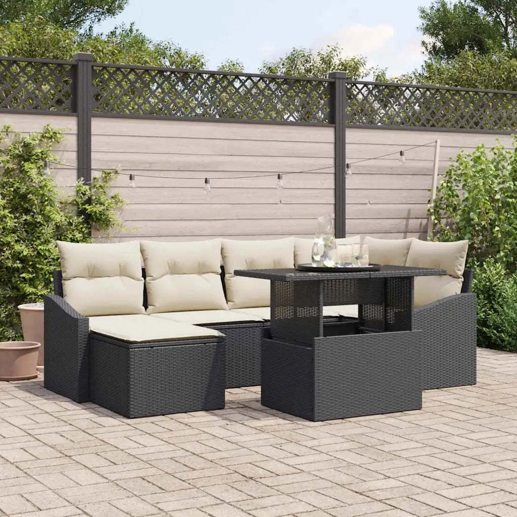 Set Divano da Giardino con cuscino 7 pcs Nero e Crema
