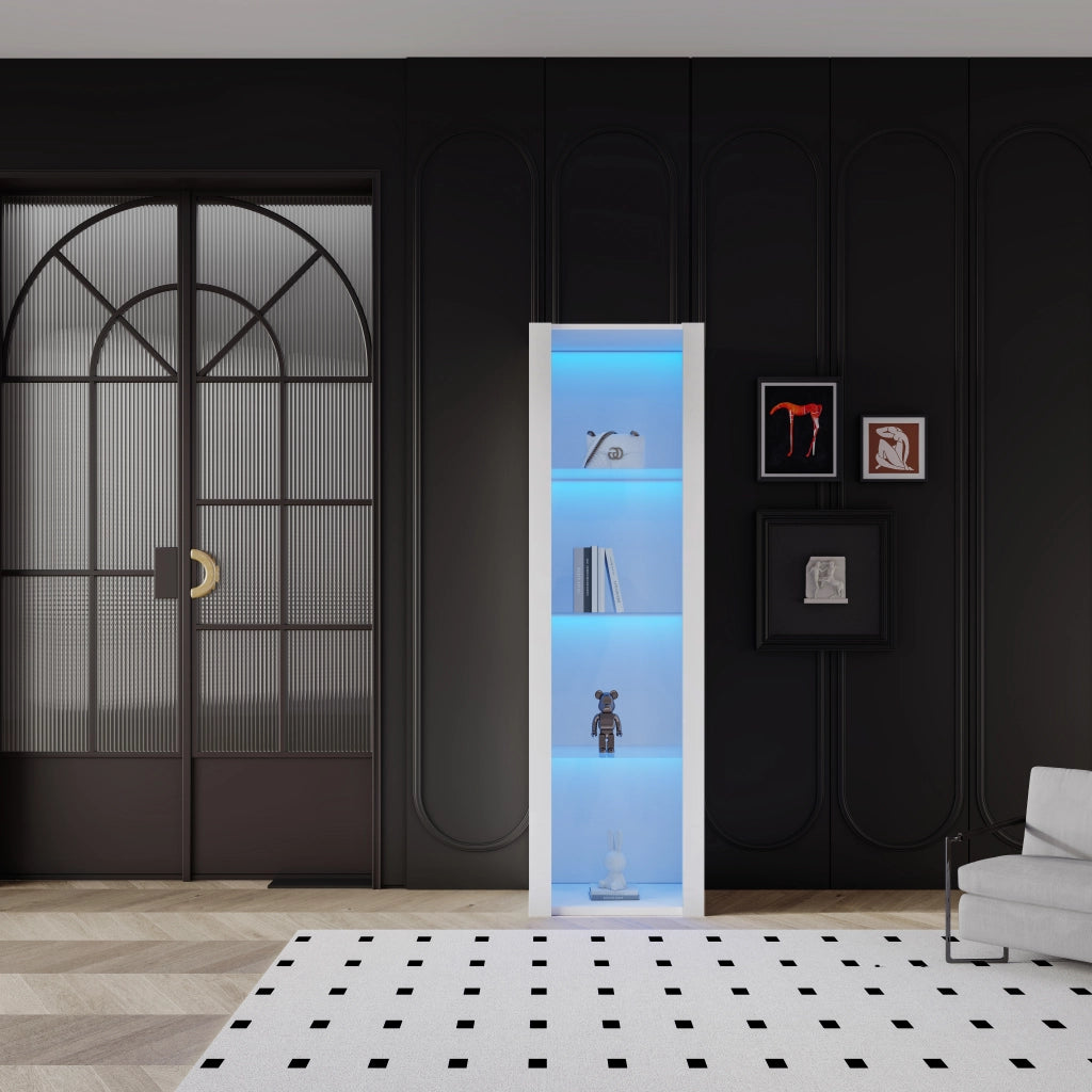 Vetrina da terra con 3 ripiani in vetro e LED tramite app pannello truciolare bianco 55 × 38 × 166 cm
