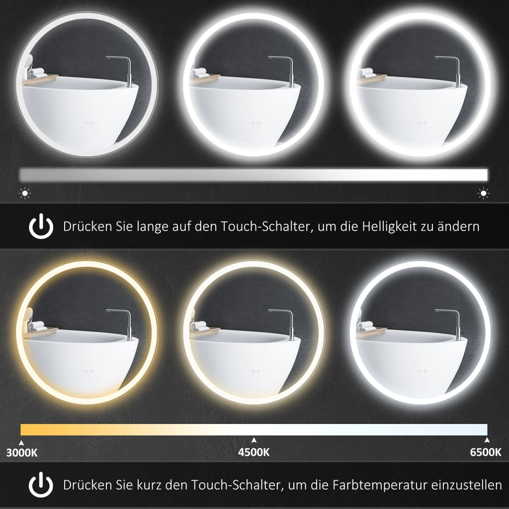 Specchio bagno LED rotondo Ø 60 cm con touch, 3 colori di luce, antiappannamento e cornice in alluminio bianca